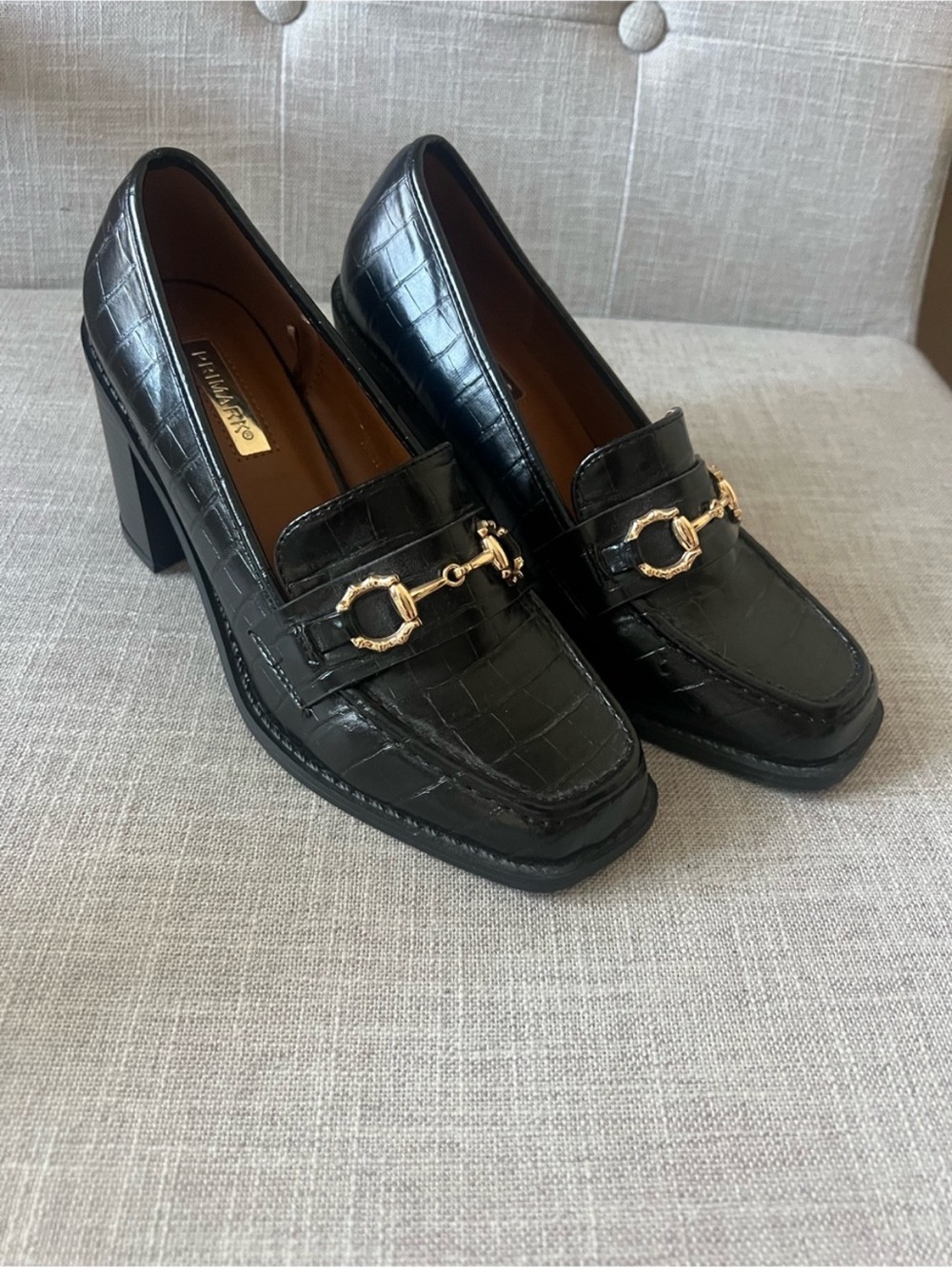 Primark Black Loafers,women’s 7, croc embossed, block heels,office, dressy, NWT